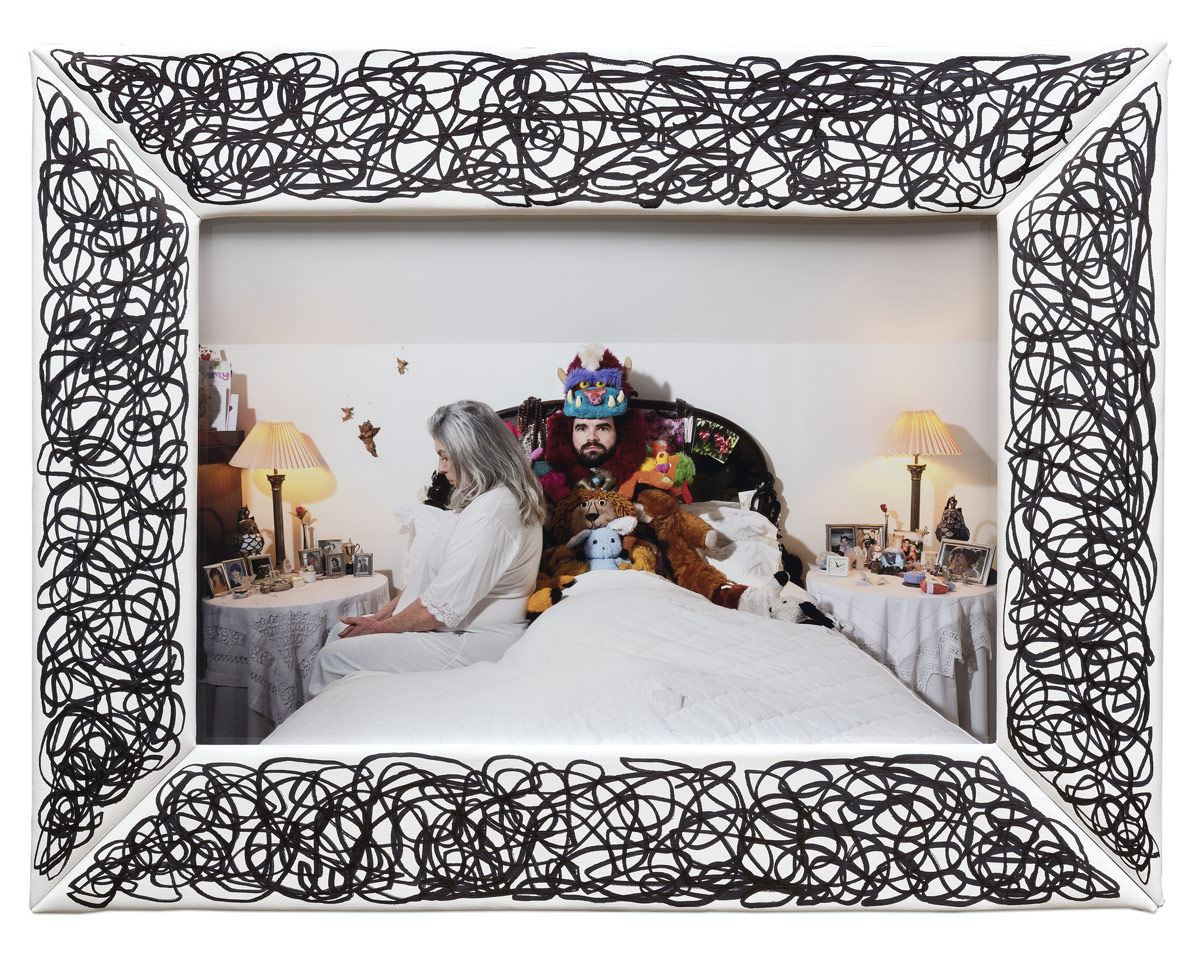James Ostrer Me And Mum In Her Bed 1 2018 Digital archival print permanent marker on canvas 465 × 69 cm framed 735 × 97 × 6 cm Edition of 3 1 AP unique frame 1