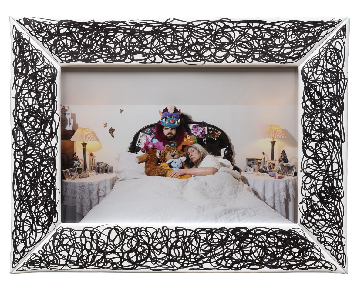 James Ostrer Me And Mum In Her Bed 2 2018 Digital archival print permanent marker on canvas 465 × 69 cm framed 735 × 97 × 6 cm Edition of 3 1 AP unique frame 1